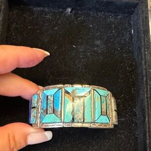 Turquoise Inlay Silver Cuff Bracelet - Blue